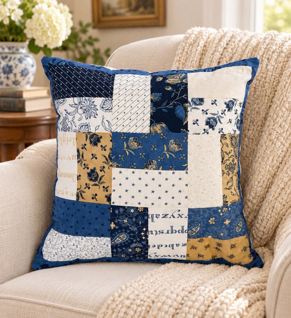 Blue Cream Patchwork Throw Pillow Cottagecore Farmhouse Floral Accent